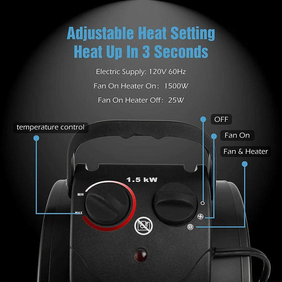 Electric Heater Fan 1500W Fast Even Heating Moisture-Resistant