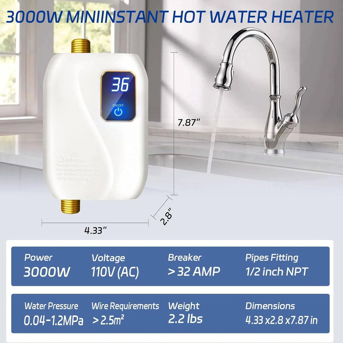 Electric Tankless Water Heater 3000W Digital Display