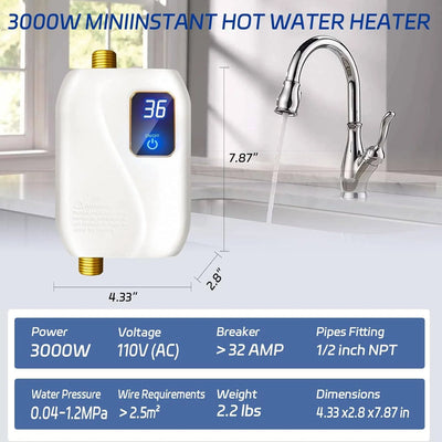 Electric Tankless Water Heater 3000W Digital Display