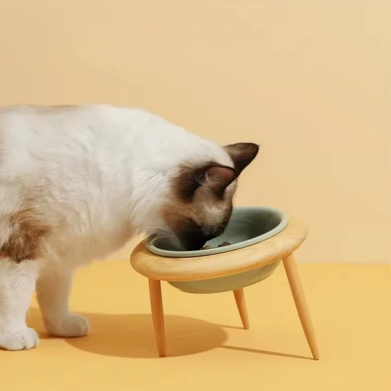 Elevated Cat Bowl Adjustable Height & Tilt Ceramic With Oak Stand