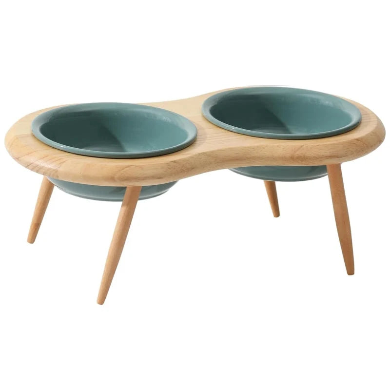 Elevated Cat Bowl Adjustable Height & Tilt Ceramic With Oak Stand
