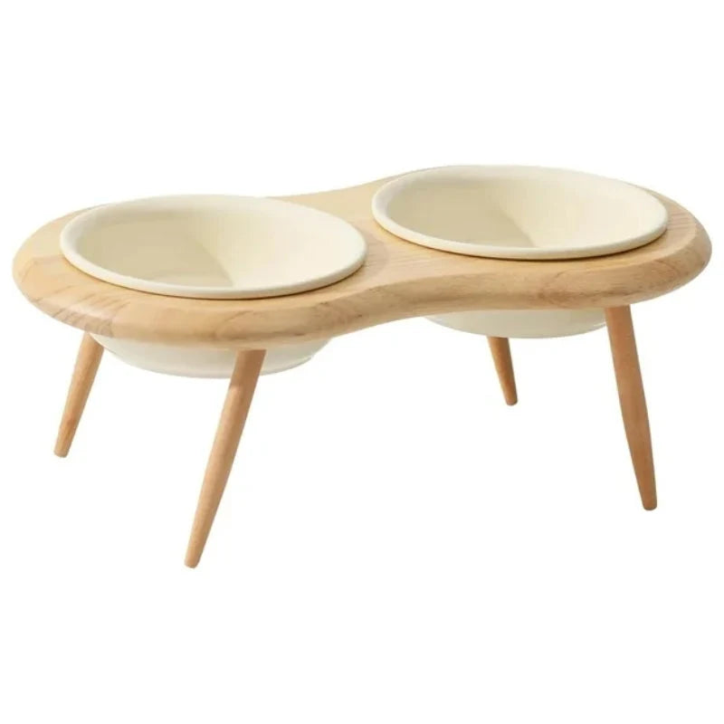 Elevated Cat Bowl Adjustable Height & Tilt Ceramic With Oak Stand