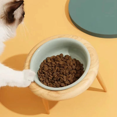 Elevated Cat Bowl Adjustable Height & Tilt Ceramic With Oak Stand