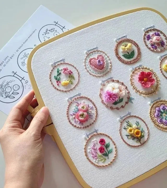 Embroidery Kit 12 Preprinted Flower Patterns Complete Set
