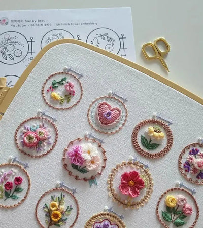 Embroidery Kit 12 Preprinted Flower Patterns Complete Set
