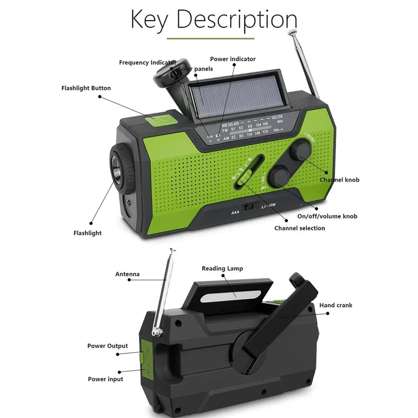 Emergency Radio Solar & Hand Crank Charging Weather Alerts