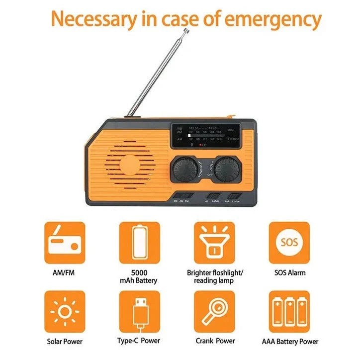 Emergency Weather Radio Solar & Hand Crank USB Charging