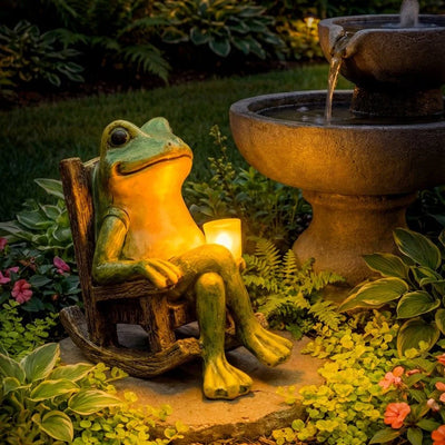 Garden Figurine Frog Solar Warm White Dusk-To-Dawn Weatherproof Resin