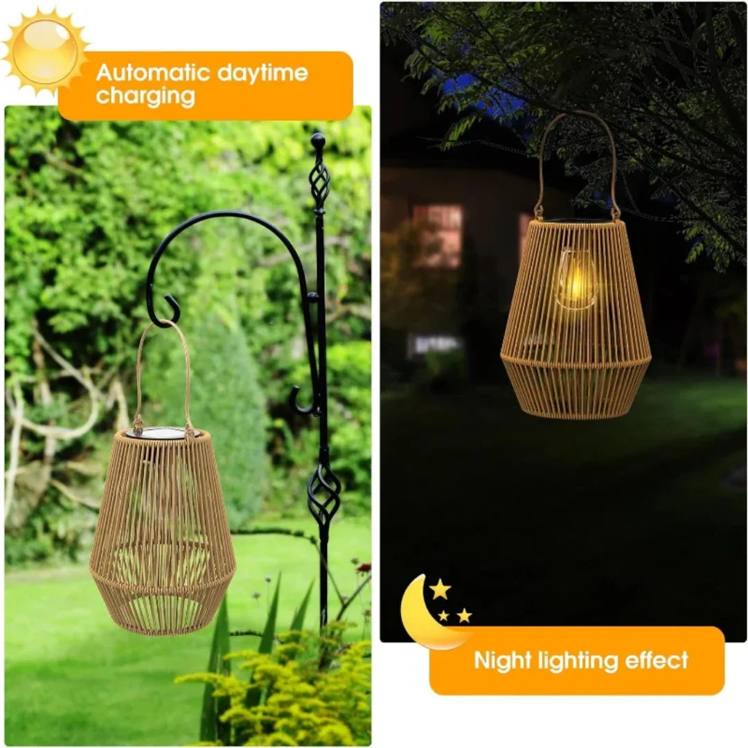 Garden Lantern Handwoven Rattan Solar Powered Waterproof
