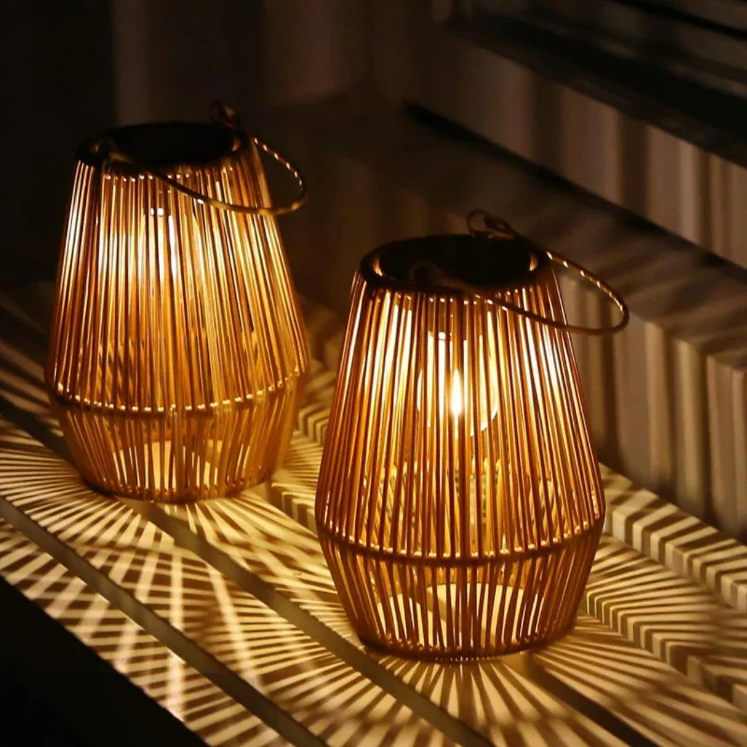 Garden Lantern Handwoven Rattan Solar Powered Waterproof