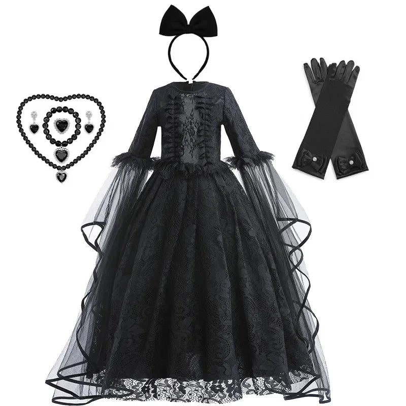 Girls Cosplay Dress Mid-Calf Lace Ruffle Breathable Polyester
