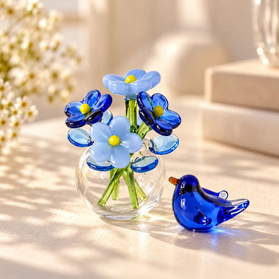 Glass Flower & Bird Decor Set Handmade Miniature