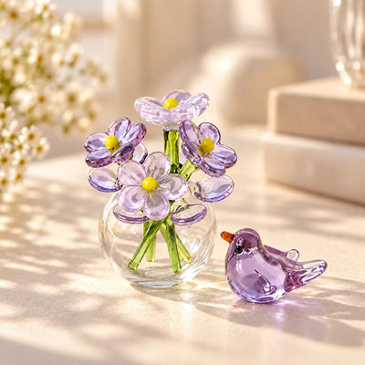 Glass Flower & Bird Decor Set Handmade Miniature