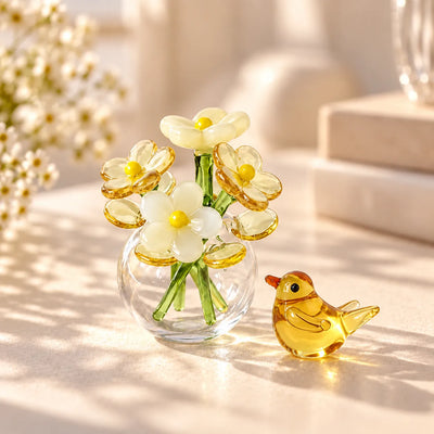 Glass Flower & Bird Decor Set Handmade Miniature