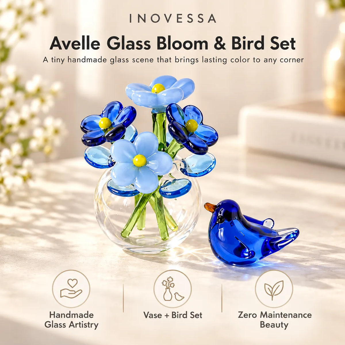 Glass Flower & Bird Decor Set Handmade Miniature