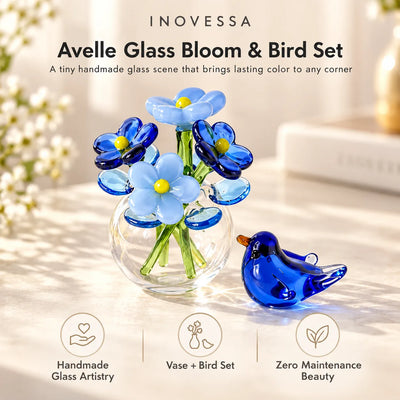 Glass Flower & Bird Decor Set Handmade Miniature