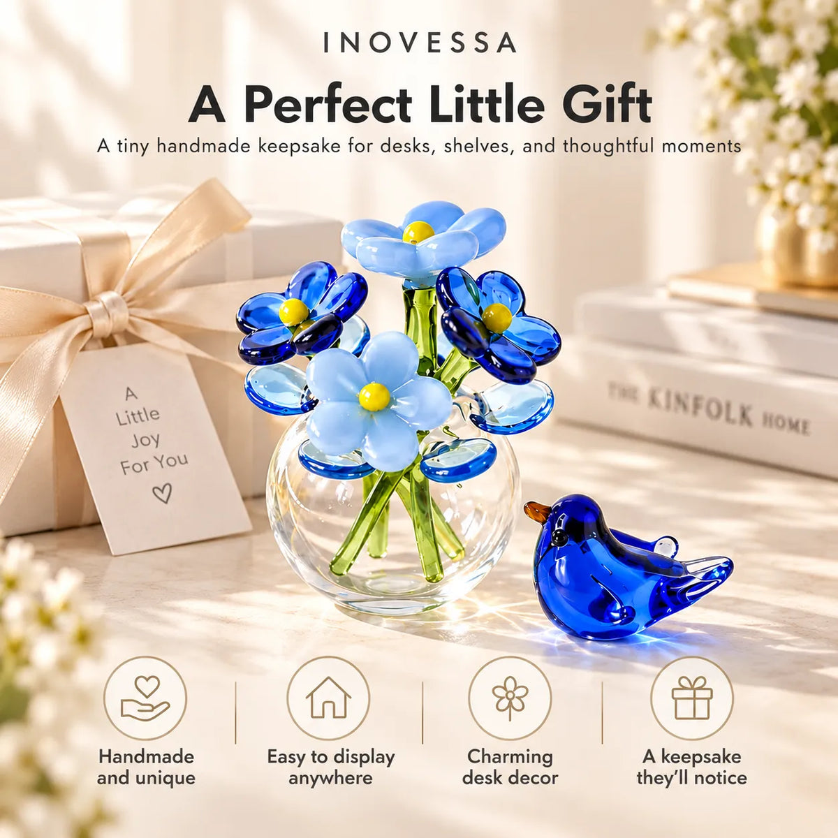 Glass Flower & Bird Decor Set Handmade Miniature