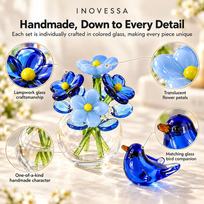 Glass Flower & Bird Decor Set Handmade Miniature