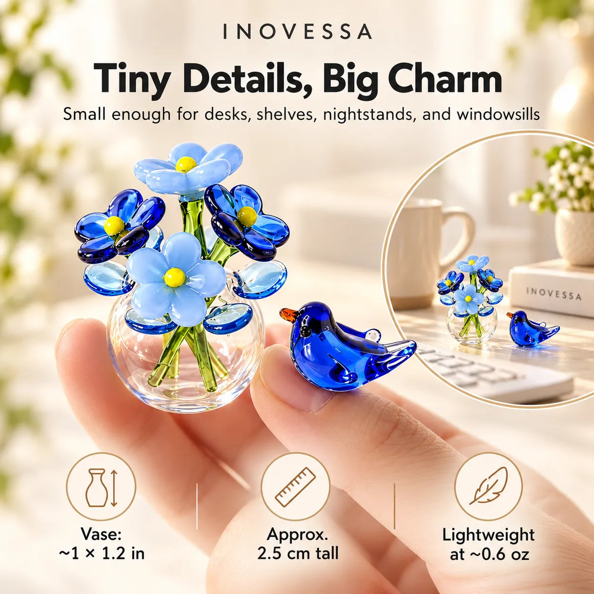 Glass Flower & Bird Decor Set Handmade Miniature