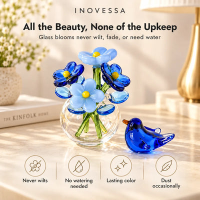 Glass Flower & Bird Decor Set Handmade Miniature