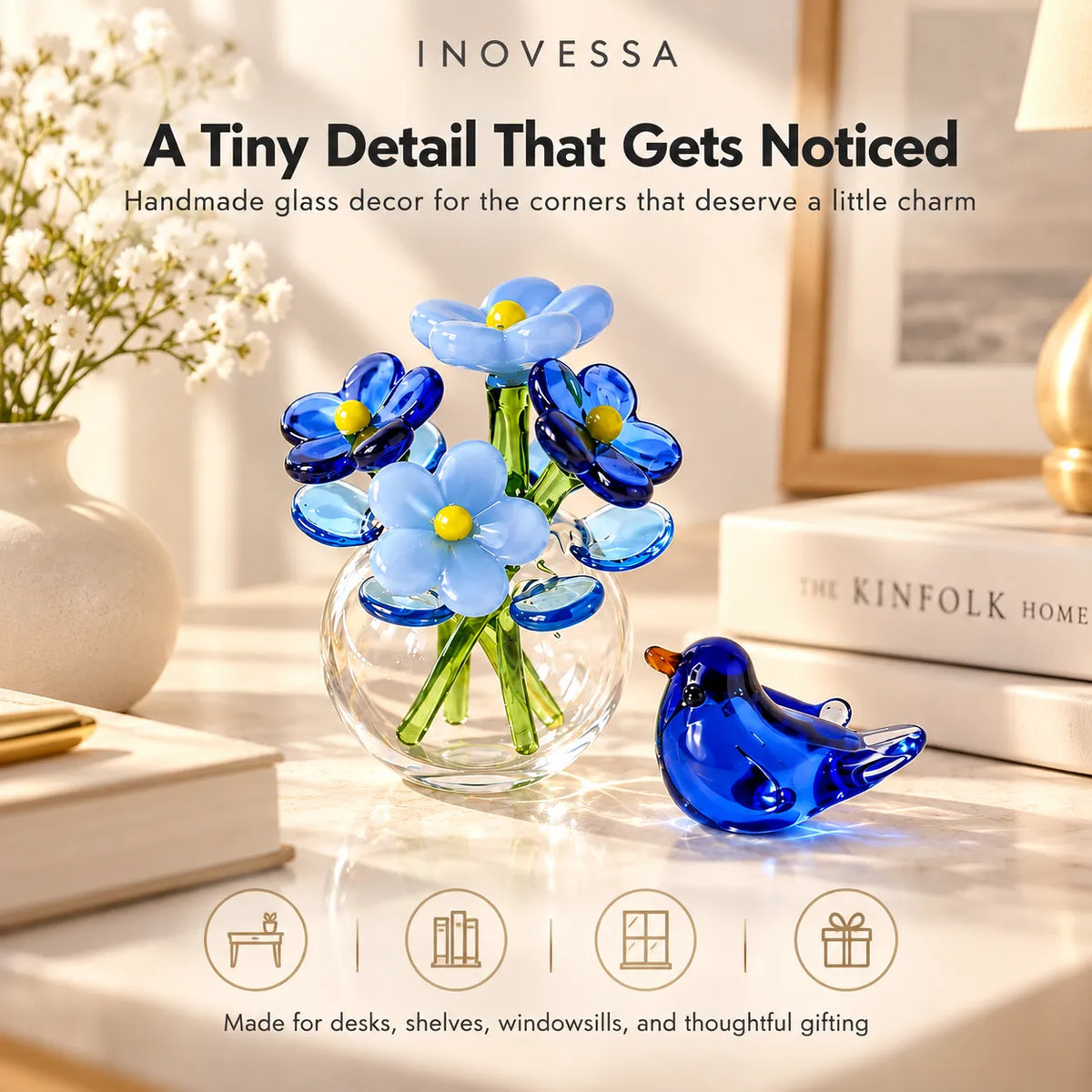 Glass Flower & Bird Decor Set Handmade Miniature