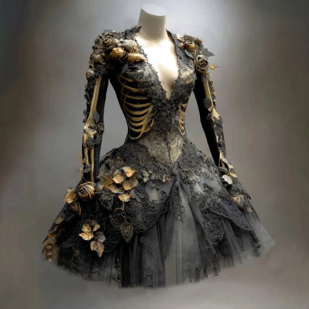 Gothic Mini Dress Long Sleeve Skeleton Detail Tiered Skirt