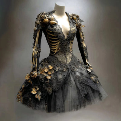 Gothic Mini Dress Long Sleeve Skeleton Detail Tiered Skirt