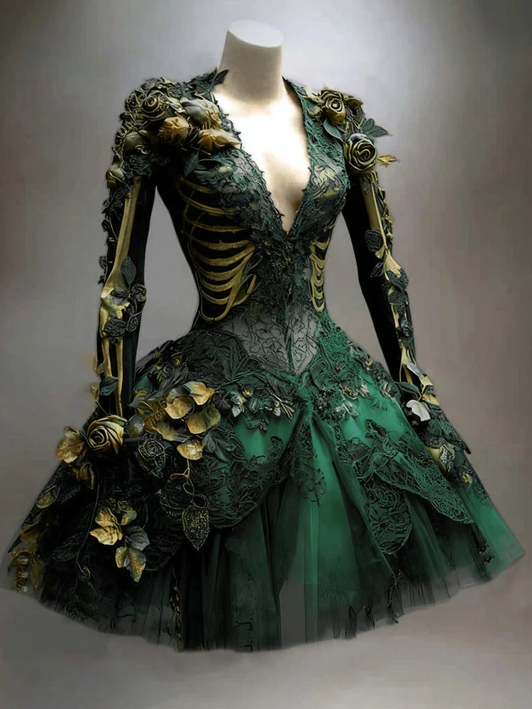 Gothic Mini Dress Long Sleeve Skeleton Detail Tiered Skirt