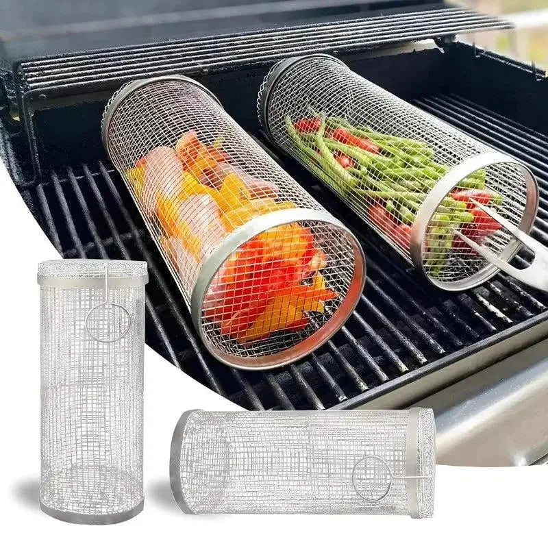 Grill Basket Stainless Steel Rolling Mechanism Secures Small Items