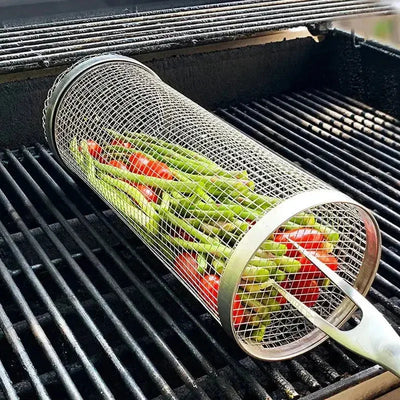 Grill Basket Stainless Steel Rolling Mechanism Secures Small Items