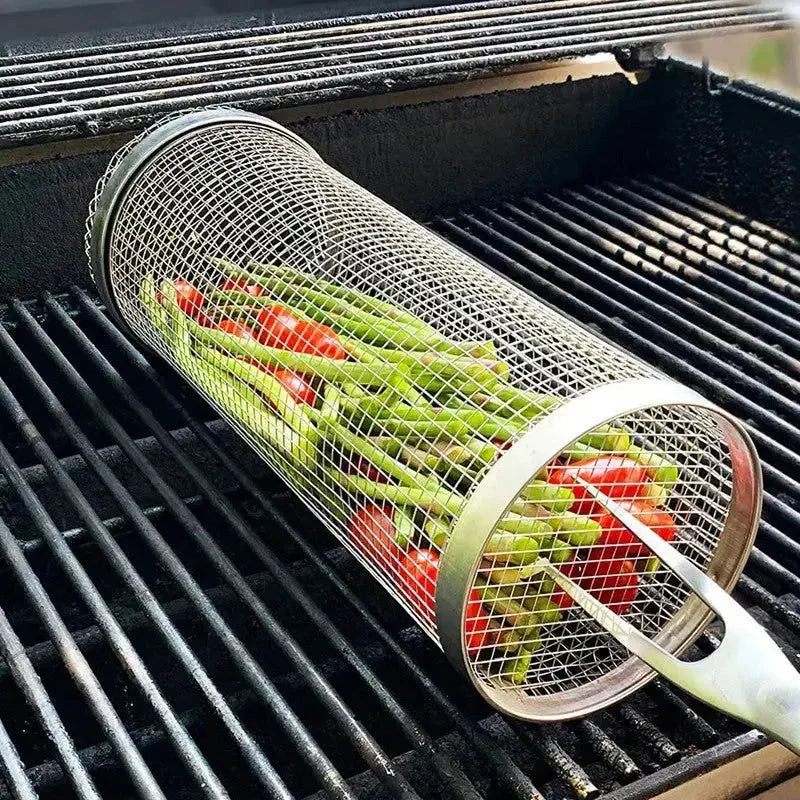 Grill Basket Stainless Steel Rolling Mechanism Secures Small Items