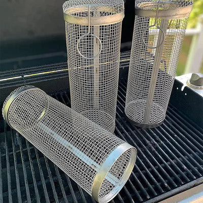 Grill Basket Stainless Steel Rolling Mechanism Secures Small Items