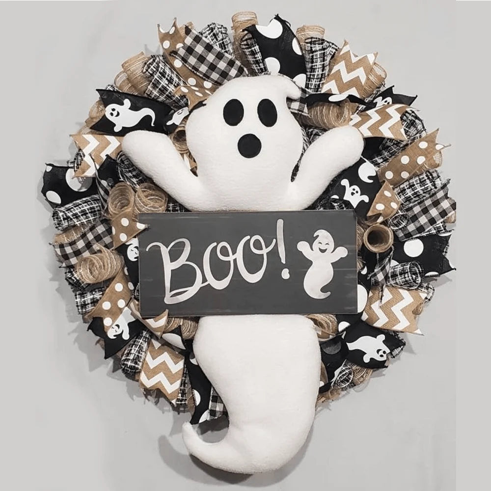 Halloween Wreath Ghost Motif Weatherproof & Ready To Hang