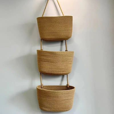 Hanging Storage Basket Cotton-Linen Over-The-Door Three Compartments