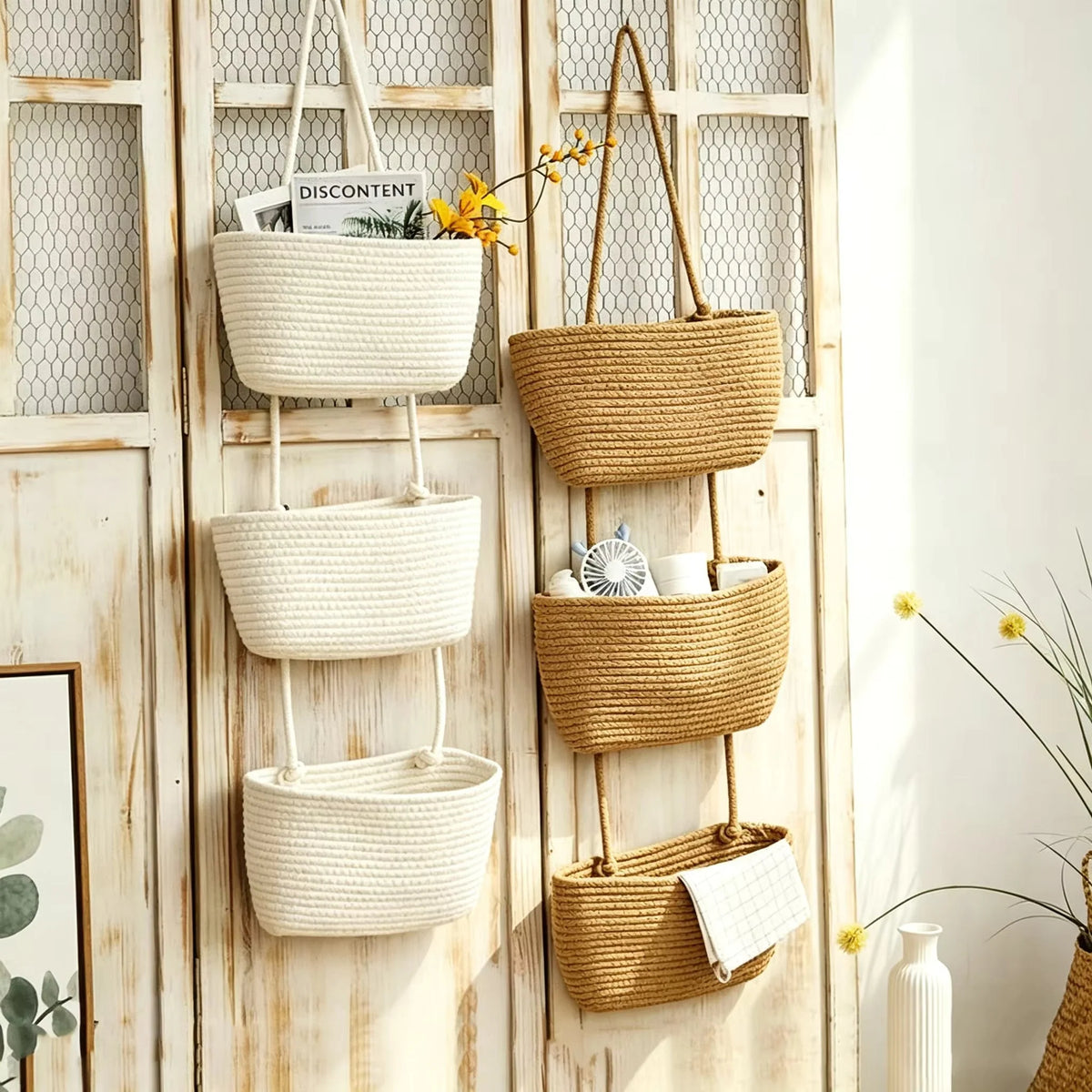 Hanging Storage Basket Cotton-Linen Over-The-Door Three Compartments