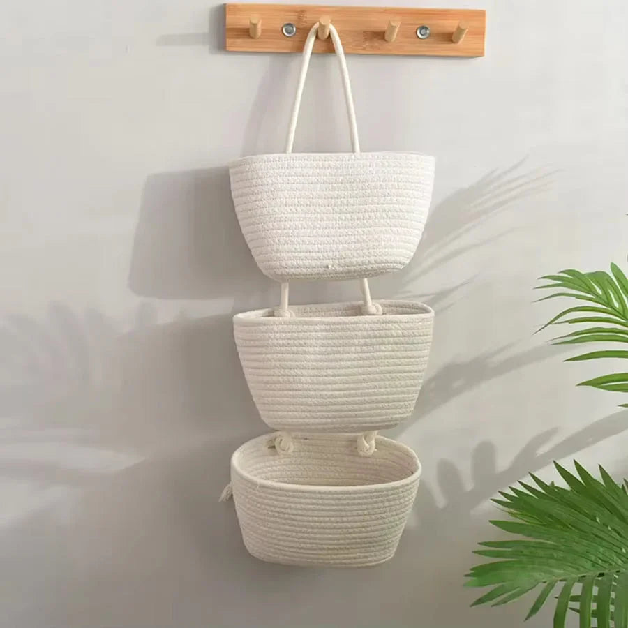 Hanging Storage Basket Cotton-Linen Over-The-Door Three Compartments