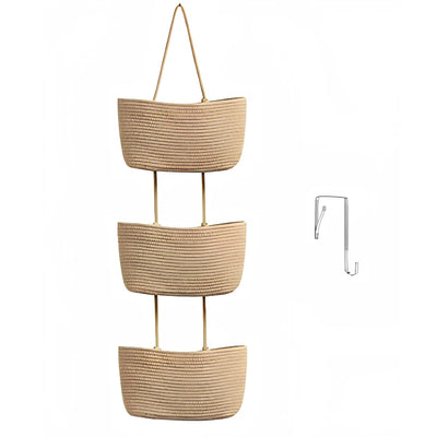 Hanging Storage Basket Cotton-Linen Over-The-Door Three Compartments