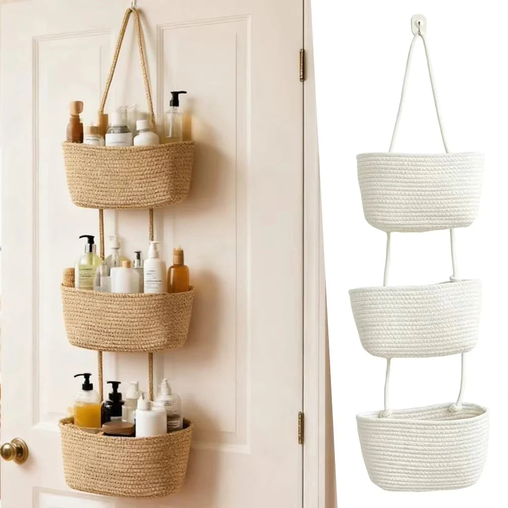 Hanging Storage Basket Cotton-Linen Three Compartments & Door Hook