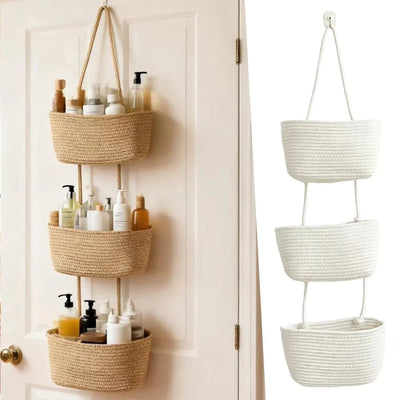 Hanging Storage Basket Cotton-Linen Three Compartments & Door Hook