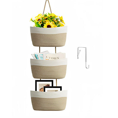 Hanging Storage Basket Cotton-Linen Three Compartments & Door Hook