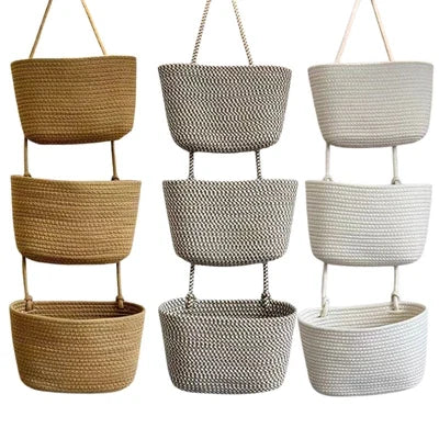 Hanging Storage Basket Cotton-Linen Three Compartments & Door Hook