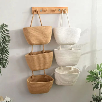 Hanging Storage Basket Cotton-Linen Three Compartments & Door Hook