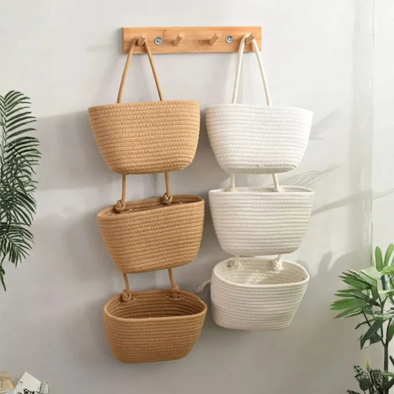 Hanging Storage Basket Cotton-Linen Three Compartments & Door Hook