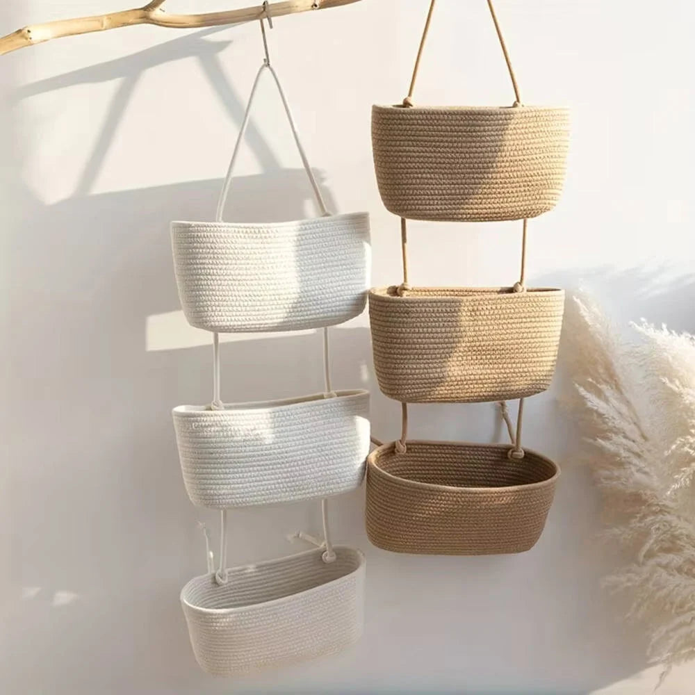Hanging Storage Basket Cotton-Linen Three Compartments & Door Hook