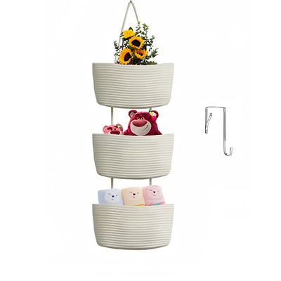 Hanging Storage Basket Cotton-Linen Three Compartments & Door Hook