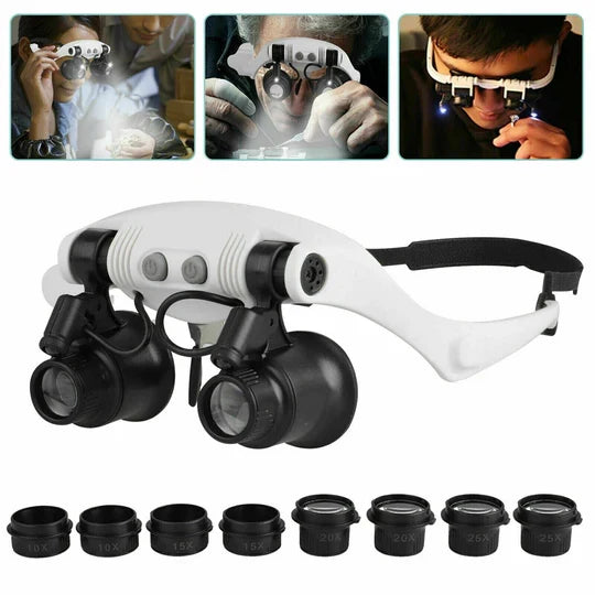 Headband Magnifier Hands-Free 10X–25X Interchangeable Lenses Dual LED Lights