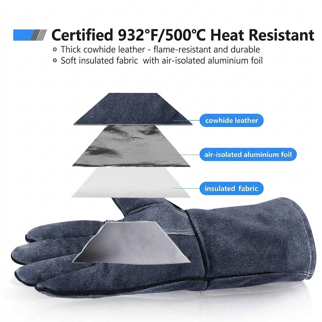 Heat-Resistant Gloves Cowhide Leather 16-Inch Cuffs