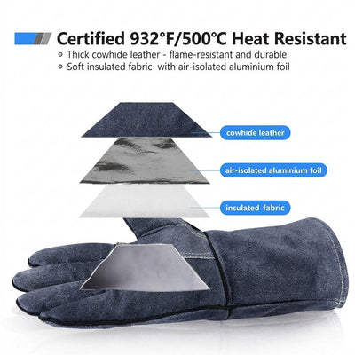 Heat-Resistant Gloves Cowhide Leather 16-Inch Cuffs