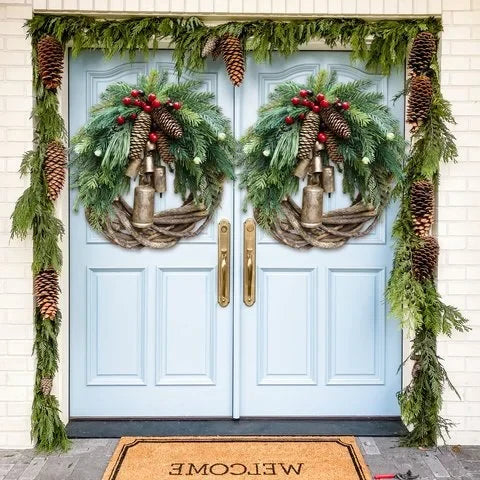 Holiday Wreath Pinecones & Golden Bells 17 Inch Weather-Resistant