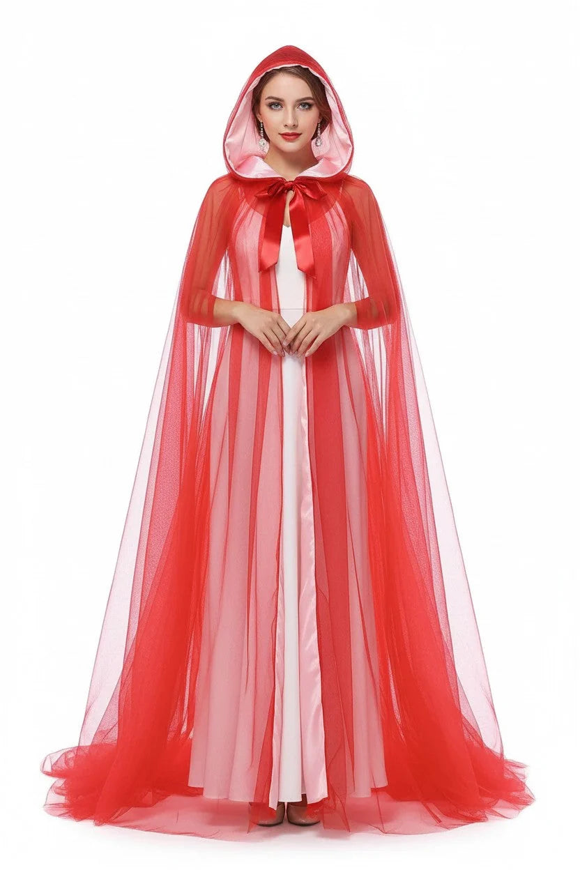 Hooded Cape Sheer Tulle Self-Tie Neck